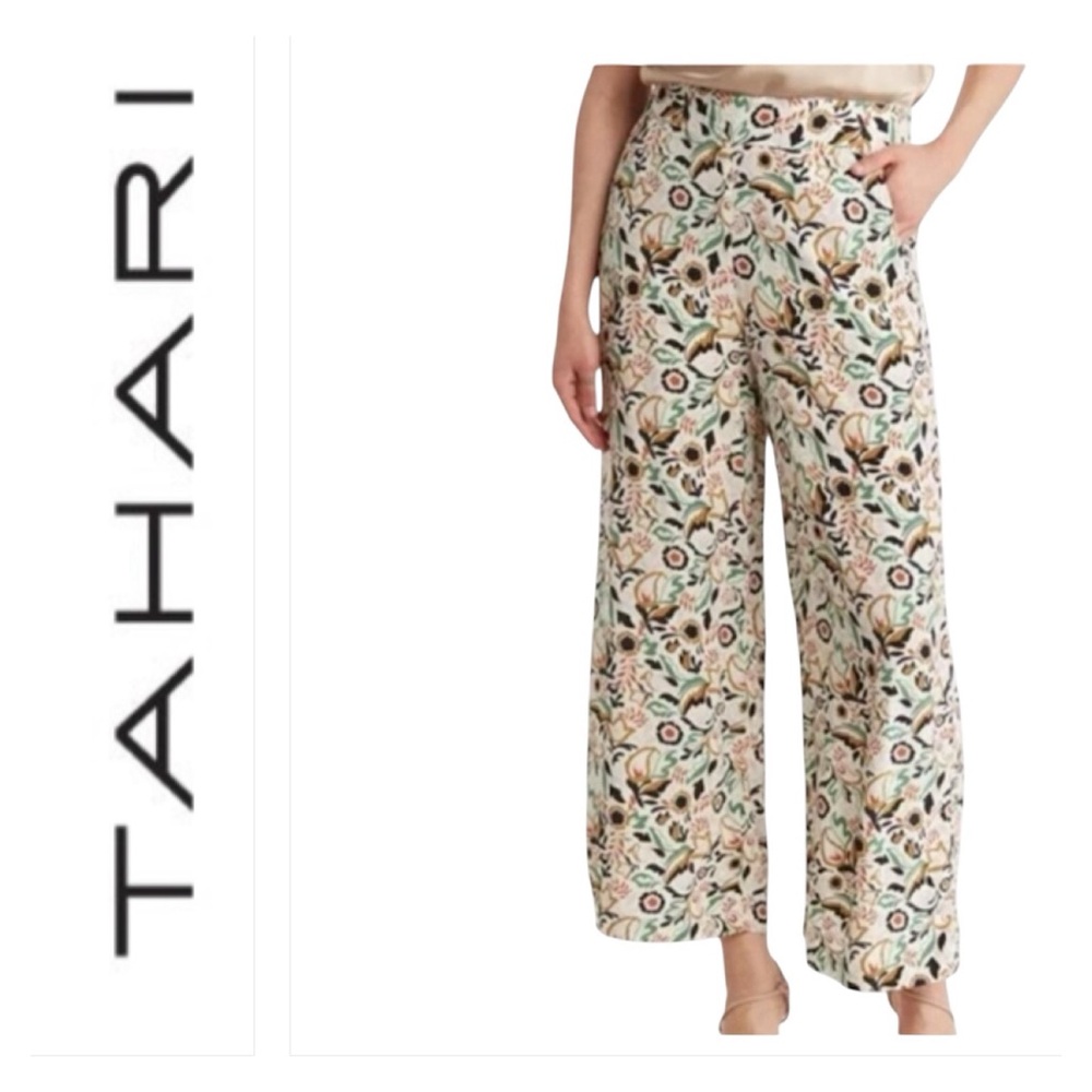 NWT! Elie Tahari Wide Leg Crop Pants Pink Green Floral Print SMALL Womens Rayon